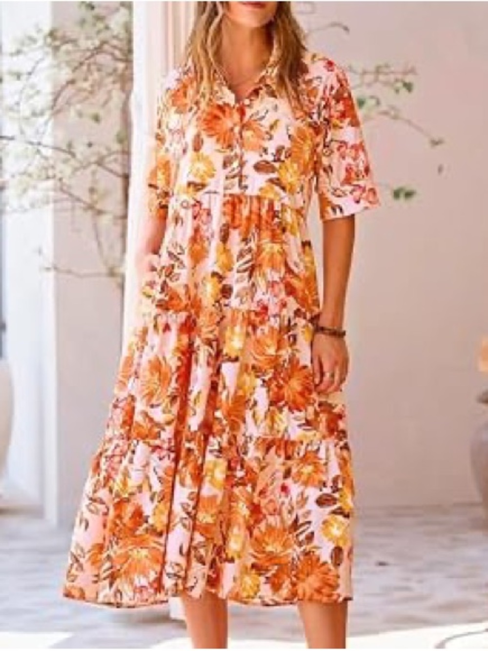 Floral Tiered Midi Dress in Peach Orange